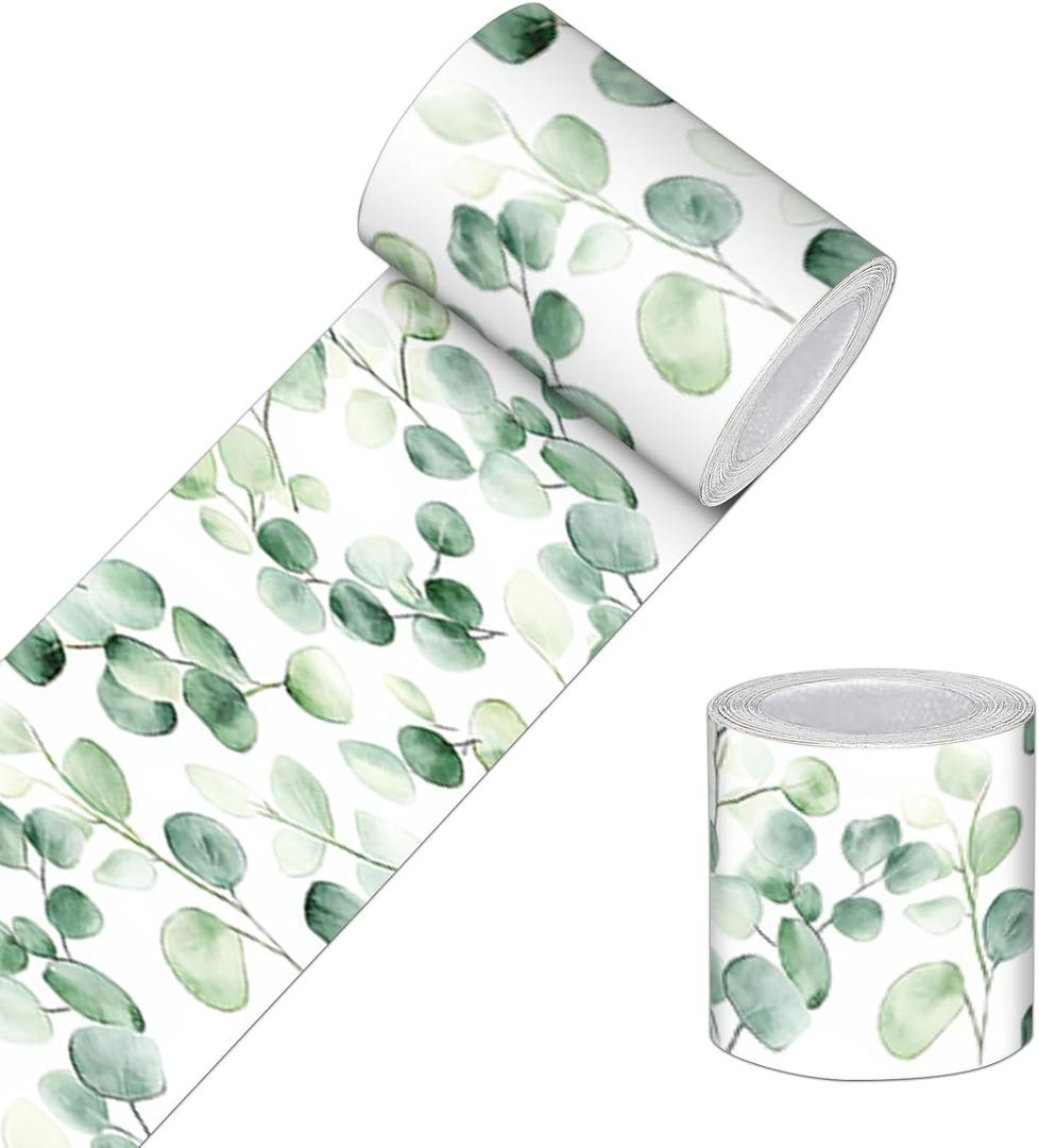 Wallpaper Border 4x196 Inch Peel and Stick Wall Border Wallpaper Border Self Adhesive Watercolor Green Leaf Wall Trim for Kitchen Bathroom Mirror Frame Laundry Room Closet Entryway Decor