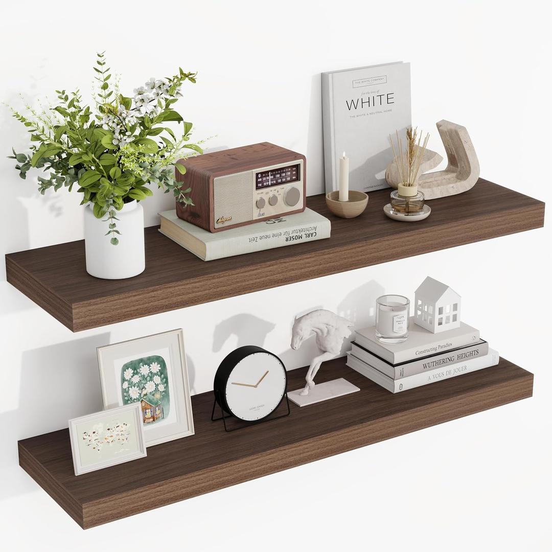 Acovy 36 Inch Floating Shelves, 36"x9.25"x1.5" Inch Deep Floating Shelves for Wall, Wooden Shelves for Bathroom, Bedroom, Living Room, Walnut, 2 Pieces