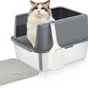 Stainless Steel Cat Litter Box, Covered Metal Litter Tray, Cat Litter Pans with High Sides, Kitty Litter Box for Small and Medium Cats (Non Sticky, Anti-Urine Leakage) 17.5" L x 13.5" W x 6" H