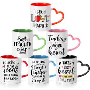 Pickmesh 6 Pcs Teacher Appreciation Coffee Mugs Teacher Appreciation Gifts Bulk Teach Love Inspire Mugs Ceramic Cups 11 oz for Women Men Thank You Gifts Birthday Retirement Graduation Holiday