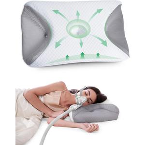 Cervical Neck CPAP Pillow for Side Sleepers Ergonomic Memory Foam Bed Pillow for Neck Pain Relief with Mask Cutouts to Reduce Air Leaks & Facial Pressure, Fits All CPAP Mask Types