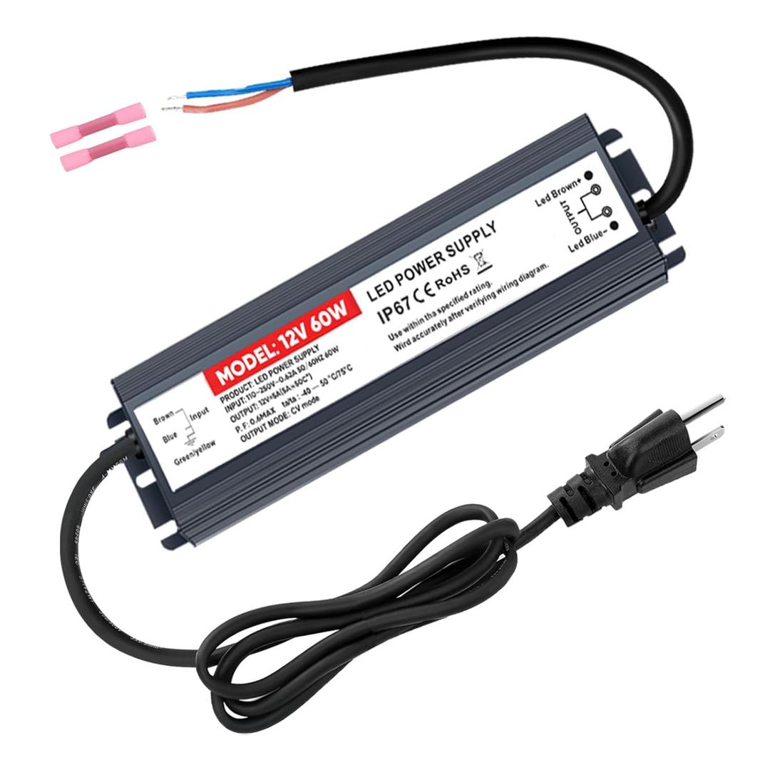 60W LED Driver 12V Power Supply 5A, Waterproof IP67 AC 110V to 12V Converter LED Adapter Transformer with 3-Prong Plug & Heat Shrinkable Connector for Indoor Outdoor LED Light