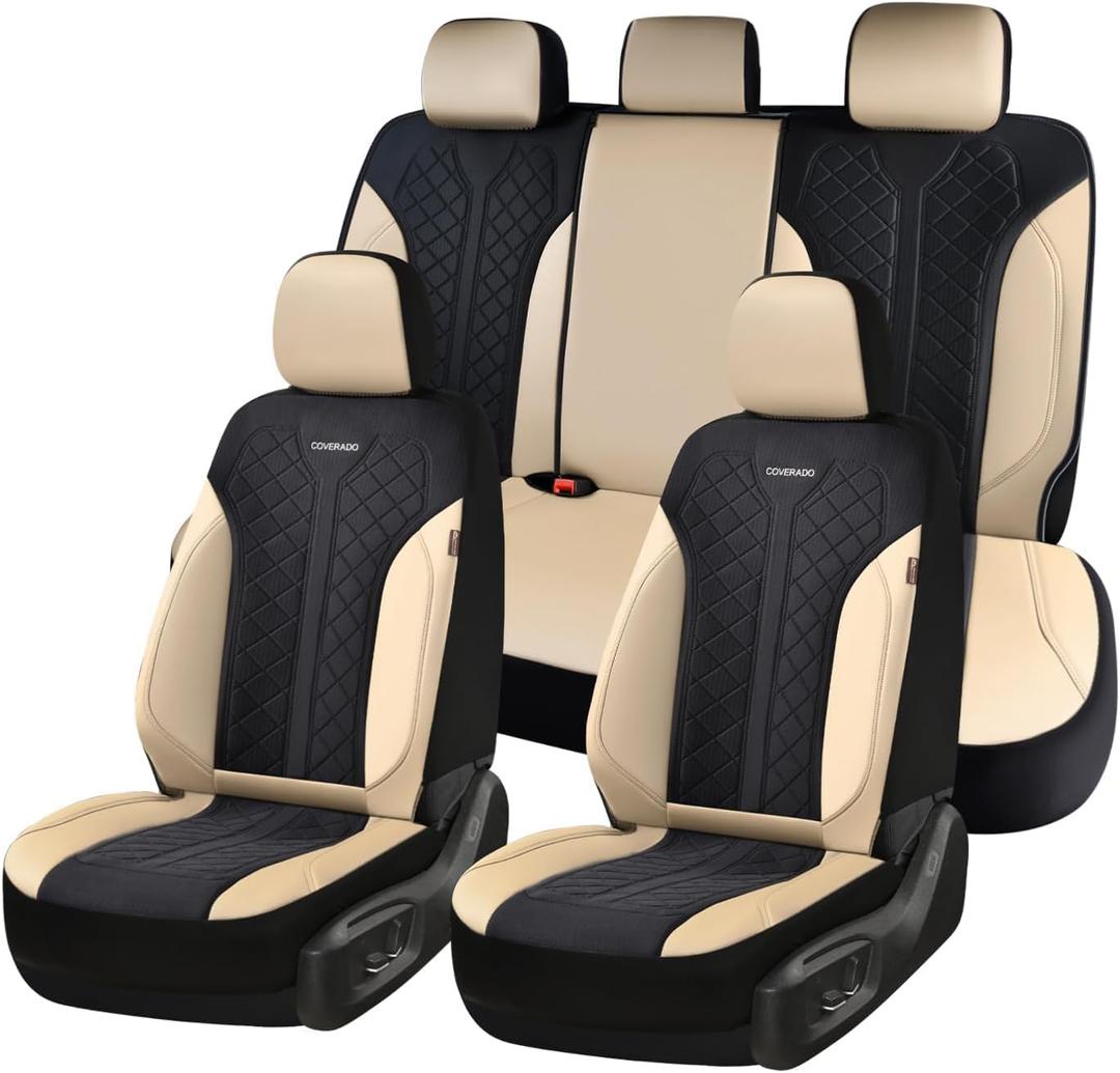 Coverado Seat Covers Full Set, Beige Car Seat Covers, PU Leather & Breathable Mesh Seat Protectors, 5-Piece Automotive Seat Covers, Universal Fit for SUVs, Trucks, Sedans