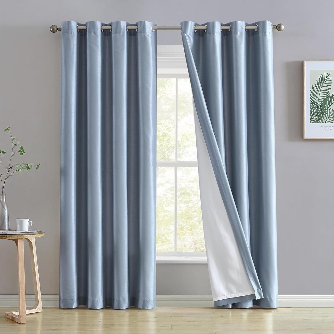 HLC.ME Jefferson Faux Silk Semi Sheer Light Filtering Microfiber Lined Grommet Lightweight Window Curtains Drapery for Bedroom, Dining Room & Living Room, 2 Panels (54 x 84 Inch, Dusty Blue)