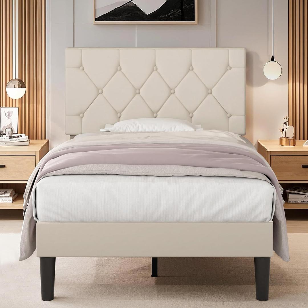 VECELO Twin Size Bed Frame with Button Tufted Headboard, Upholstered Platform Bedframe with Wood Slat Support, No Box Spring Needed, Dark Beige