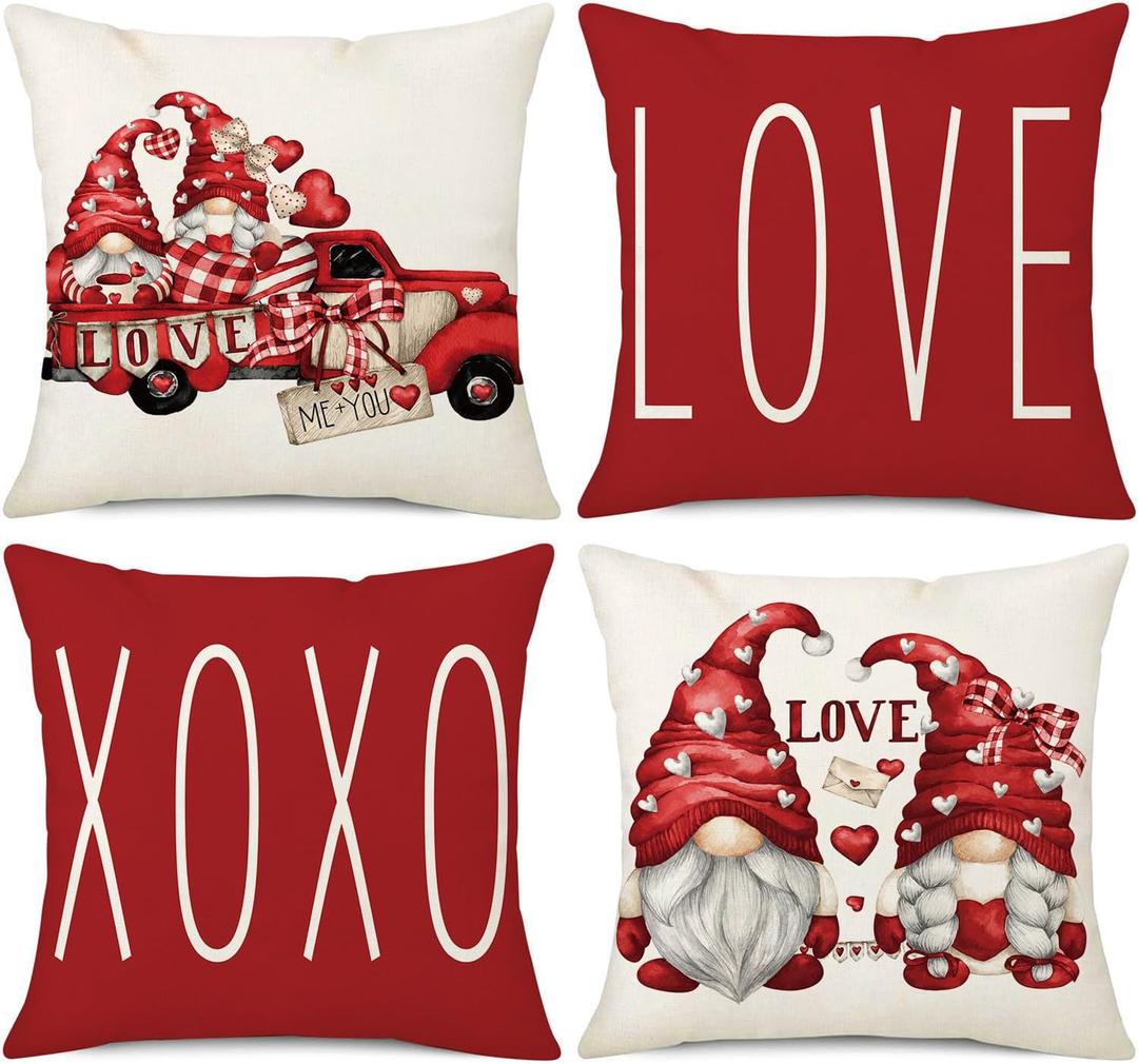 NIGHTWISH Valentine's Day Pillow Covers 18x18 Set of 4 Love Heart Truck Gnomes Valentines Day Decorations XOXO Wedding Throw Cushion Case for Sofa Couch