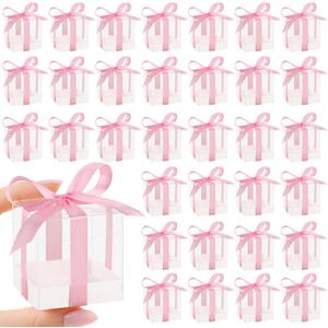 Hxezoc 50 Pack Favor Boxes 2x2x2 Inches Clear Candy Treat Boxes with Pink Ribbons, Mini Plastic Gift for Wedding, Birthday Party, Baby Shower, Classroom Decoration Supplies