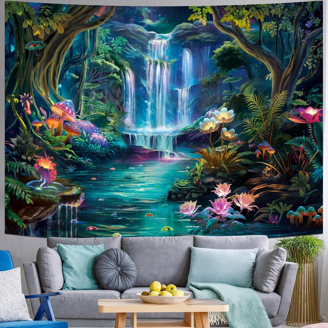 Generleo Forest Waterfall Tapestry Mushroom Flower Tapestries Natural Landscape Tapestries Colorful Floral Plants Wall Art Decor Fantasy Aesthetic Tapestry Wall Hanging for Bedroom (59.1"L x 51.2"W)