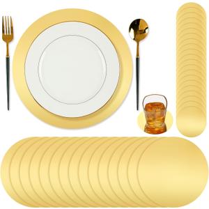 Tioncy 100 Pcs Round Gold Placemats 13" Disposable Paper Placemats for Dining Table Gold Charger Table Mats and Coasters Mats Set for Birthday Wedding Home Dinner Party Settings Decor