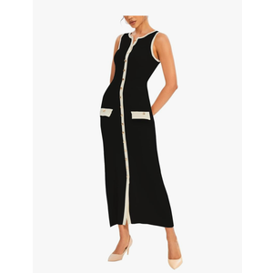 Womens Knit Maxi Dress Sleeveless Bodycon Ribbed Long Tank Dresses Elegant Button Down Workwear Dress S