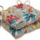 Pillow Perfect Bright Floral Indoor/Outdoor Tufted Wicker Seat Cushion With Ties, 2 Count, 17" x 17.5", Tan/Blue Colsen