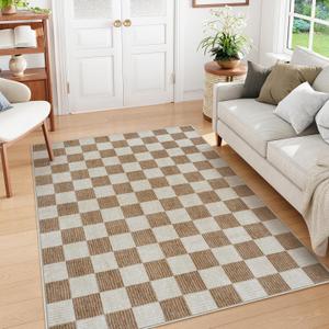 Machine Washable 5x7 Area Rugs for Living Room Checkered, Non Slip Soft Low Pile Farmhouse Geometric Modern Neutral Playroom Boys Rugs for Bedroom, Large Carpet Rugs for Dining Room(Brown,5'x7')