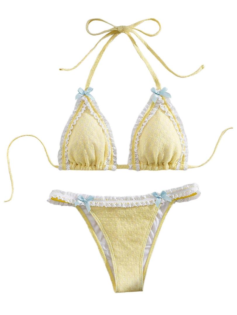 QJQ Women's 2 Piece Lace Trim Bow Tie Bikini Set Cheeky Swimsuit Cute Y2K Bathing Suits 2025 Summer Outfits Yellow Medium (M)