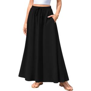 Aodemo Women's Flowy Maxi Skirt Summer Boho Pleated Elastic Waisted Casual Beach Long Skirts with Pockets (Black)