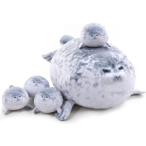 TOYSYM Chubby Blob Seal Pillow Cute Seal Plush with 4 Baby Plushies in Her Tummy, Soft Cotton Stuffed Animals Toy Gifts for Kids