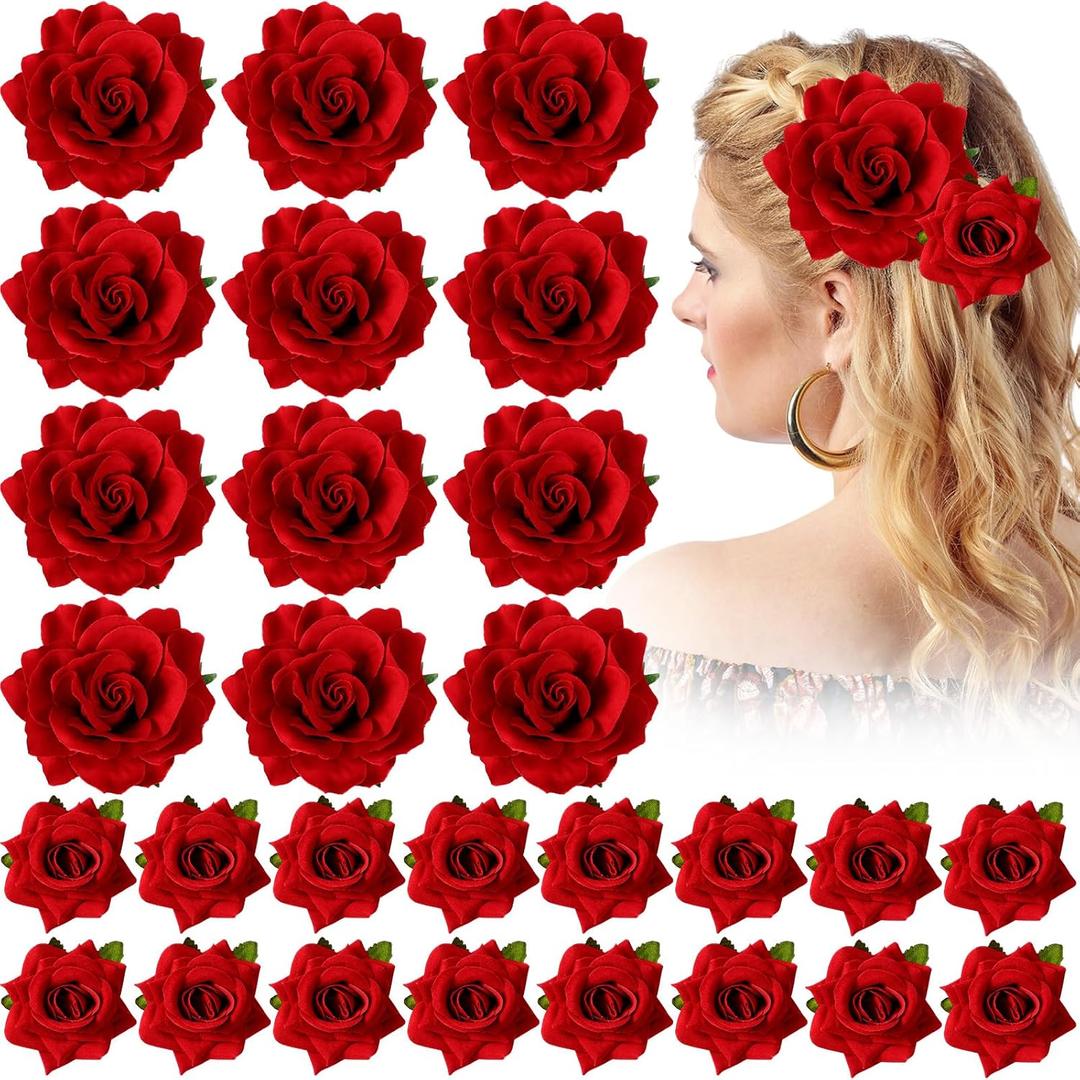 Waydress 30 Packs 2.8 Inch 4 Inch Flower Hair Clip Rose Hair Accessories Floral Hairpin Brooch Flowers Pin Brooch for Bridal Headpiece Accessories Wedding (Red)