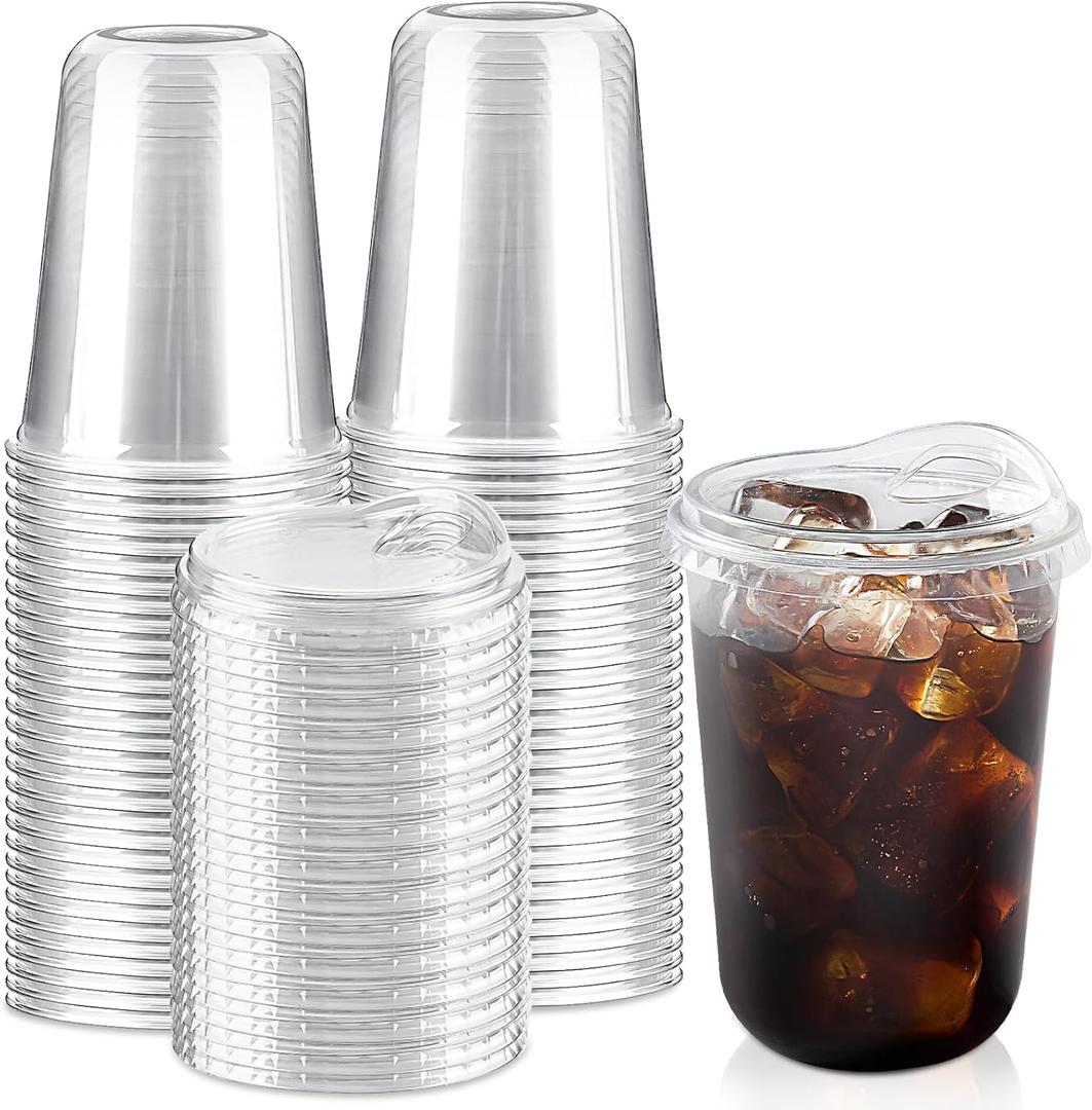 Qeirudu 16 Oz Round Bottom Clear Plastic Cups with Strawless Sip Lids, 50 Pack Disposable Iced Coffee Cups To Go Cups for Cold Drinks, Smoothie, Juice, Milkshake