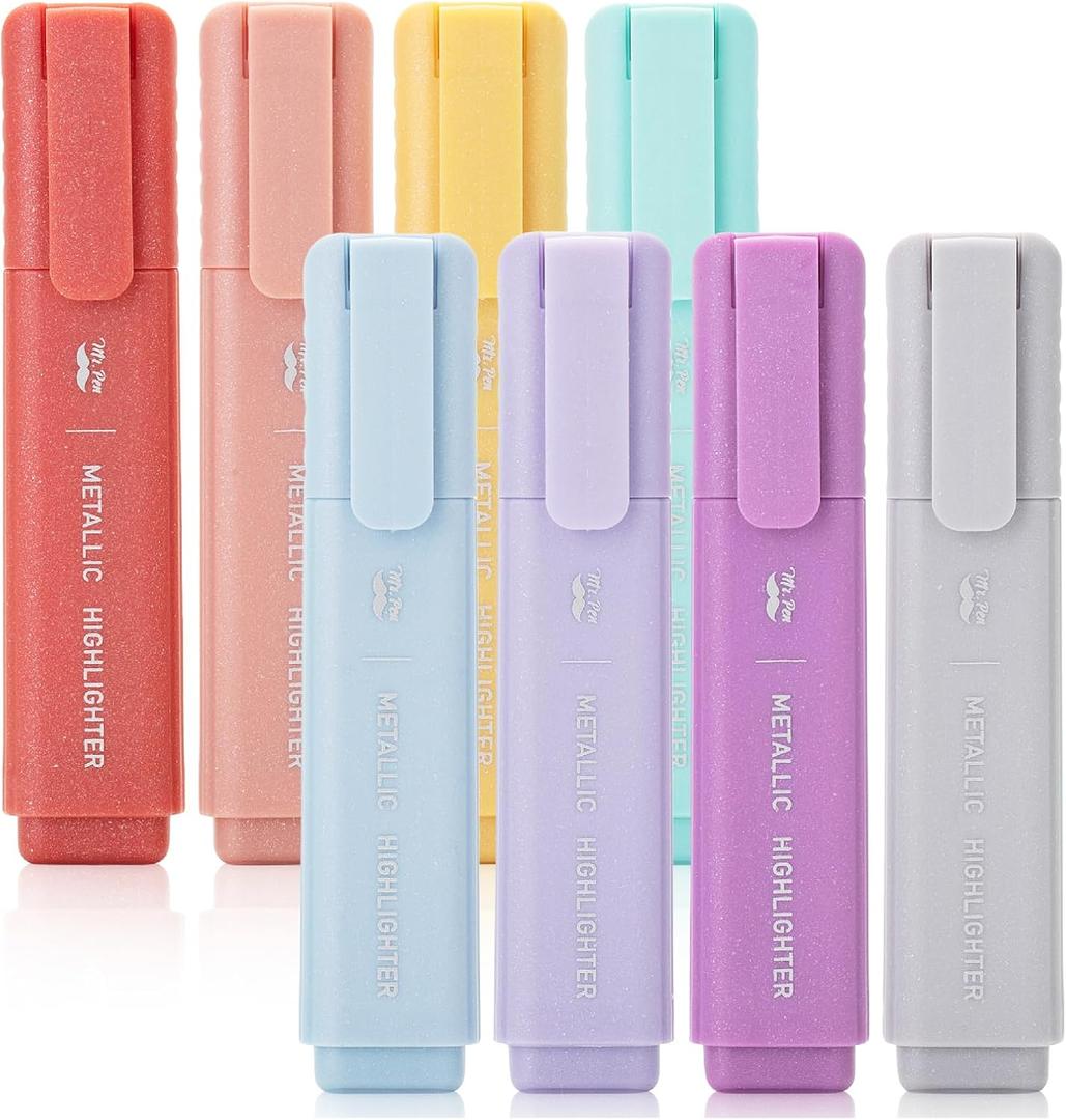 Mr. Pen- Glitter Highlighters, 8Pack, Metallic Colors, Chisel Tip Aesthetic Highlighters, Cute Markers, Back to School Supplies