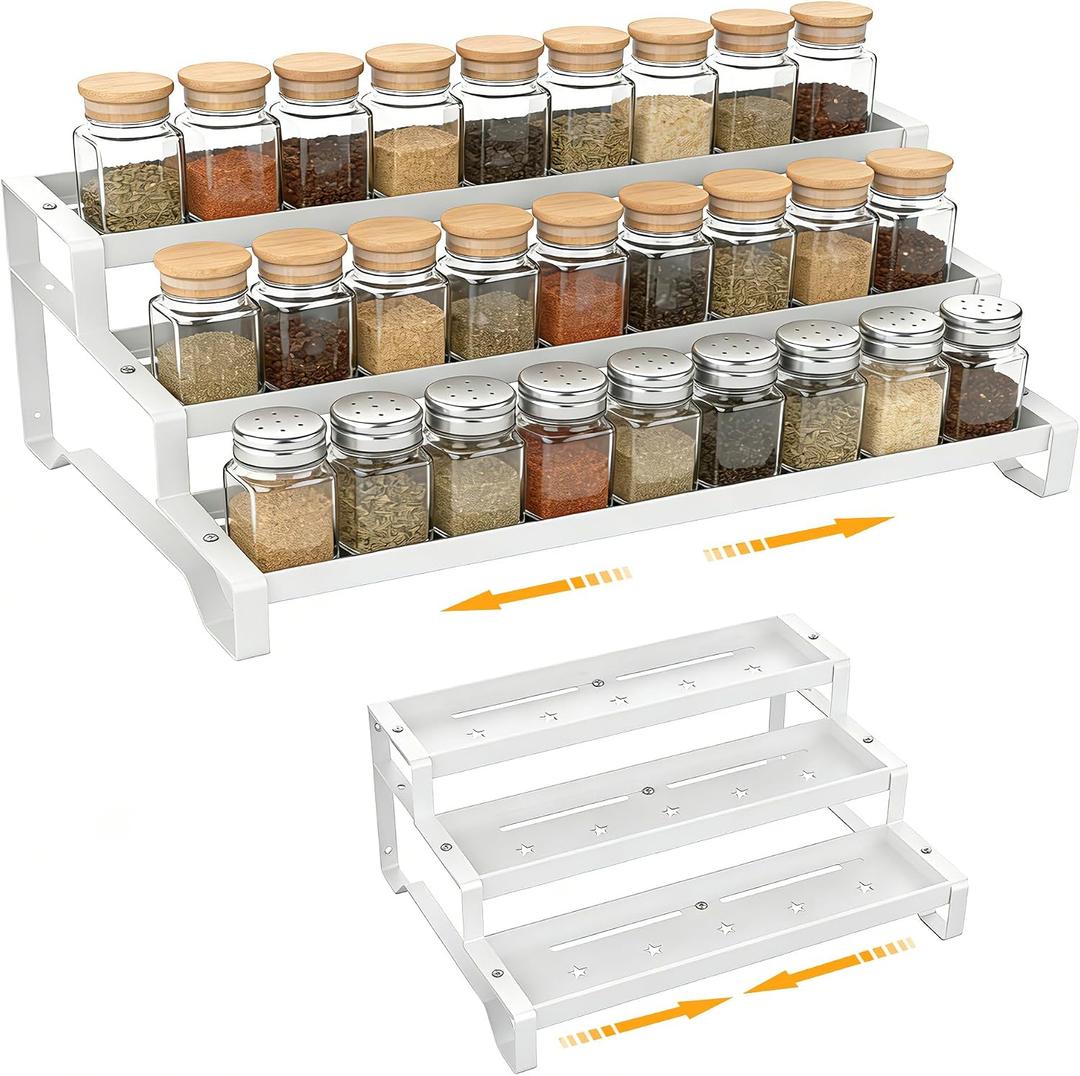 3-Tier Spice Rack Organizer, 13"-21.5" Expandable Spice Organization Shelf, Metal Seasoning Organizer for Kitchen Countertop or Pantry, Slip-Resistant Design for Jars and Bottles, White (Blue, M)