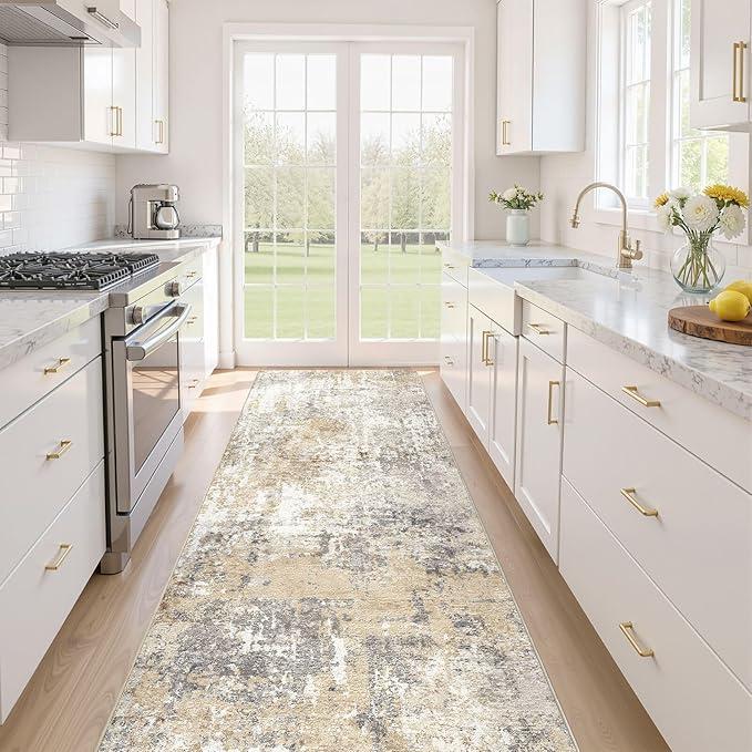 Runner Rug Kitchen Washable Rugs: 3x10 Non-Slip Abstract Soft Modern Stain Resistant Indoor Floor Neutral Accent Throw Carpet for Hallway Bathroom Laundry Room Entryway Bedroom- Gray Gold