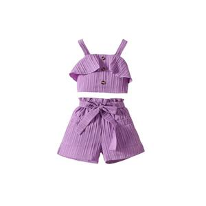 AMMENGBEI Little Girl's 2 Piece Outfits Sleeveless Ruffle Trim Halter Top and Shorts Set Kids 2Pcs Summer Clothes, Purple,4 