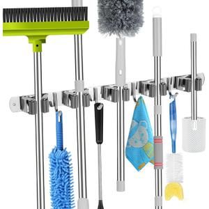 voze 5 Racks and 4 Hooks Mop and Broom Holder Wall Mount, Self Adhesive Heavy Duty Broom Hanger Organizer Storage Tool Racks for Kitchen Garden Laundry Garage (Silver)