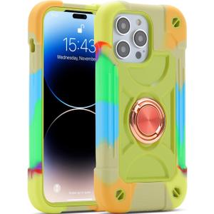 MARKILL Compatible with iPhone 14 Pro Case 6.1 Inch with Built-in Ring Stand, Military Grade Drop Protection Full Body Rugged Heavy Duty Case 3 in 1 Protective Durable Cover. (Rainbow Green)