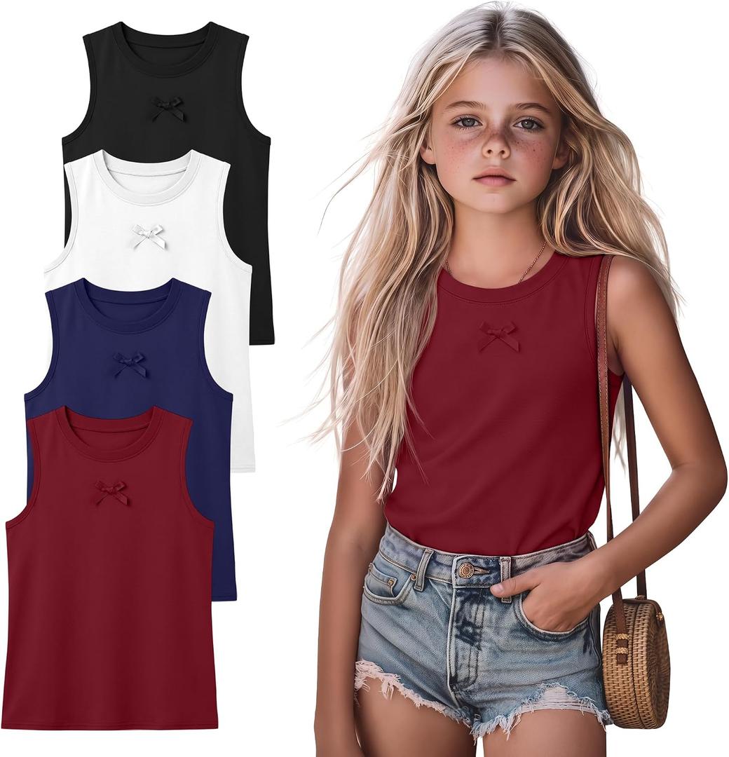 4 Pack Girls Crew Neck Tank Tops | Crew Neck Sleeveless Shirts, Solid Color Basic Tanks, Easy Layering Tops, for Girls 5-16 Years