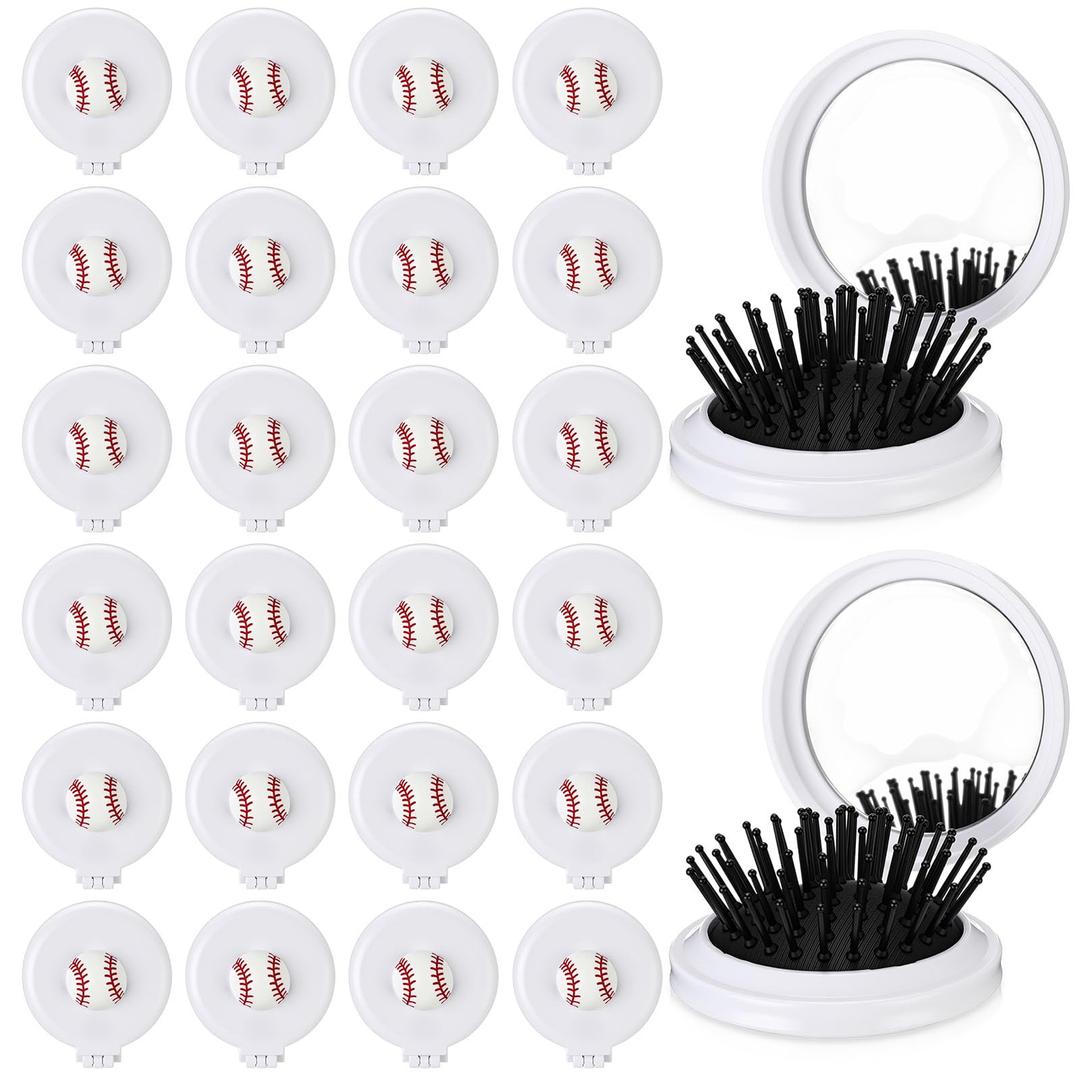 2 x LemonRoad 24 Pack Softball Foldable Travel Mirror Hair Brushes, Mirror Comb, Compact Small Size Massage Comb, Round Portable Folding Pocket Hairbrush, Softball Sport Party Team Gift (White)