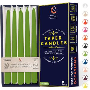 Natural Green 10 Inch Taper Candles - Pack of 12 Premium Unscented, Dripless & Smokeless Hand-Dipped Candles for Birthday, Wedding or Dinner Decorations and Formal Candlelighting