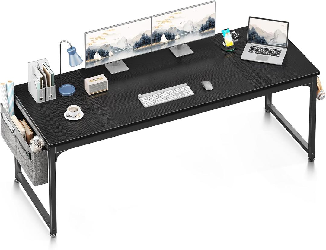 ODK 71 Inch Large Computer Desk Home Office Desk, Long Modern PC Desk Work Table with Headphone Hook & Fabric Bag for Storage, Spliced Board, Black