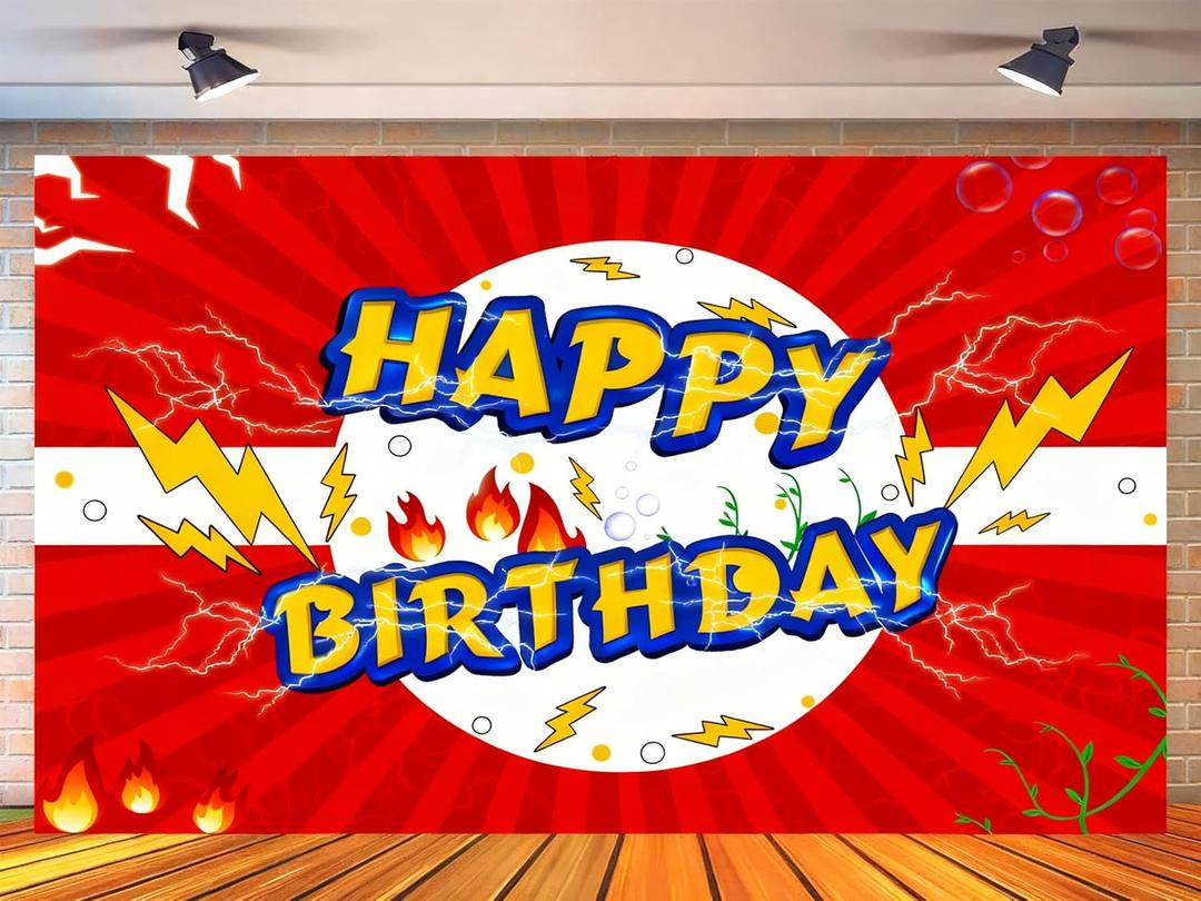 Red Lightning Party Decorations, Birthday Party Supplies Banner Backdrop Boys and Girls Happy Birthday Backdrop