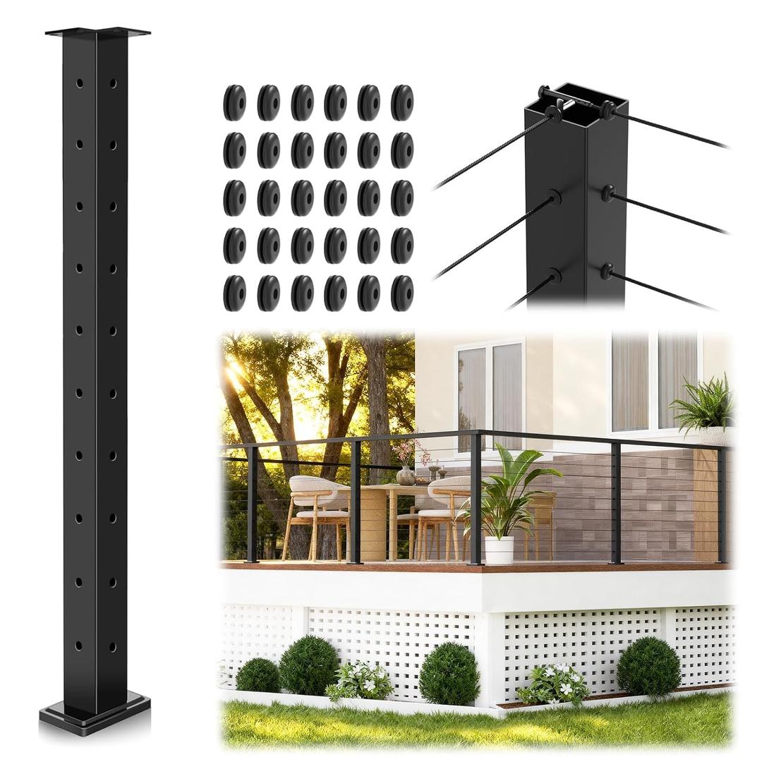 36" Swageless Cable Railing Corner Post, T-Drilled Three-Side Stainless Steel T304 Corner Rail Post, Upgraded Black One-Post Corner Solution, Wire Metal Post for Indoor Outdoor Corner Railing