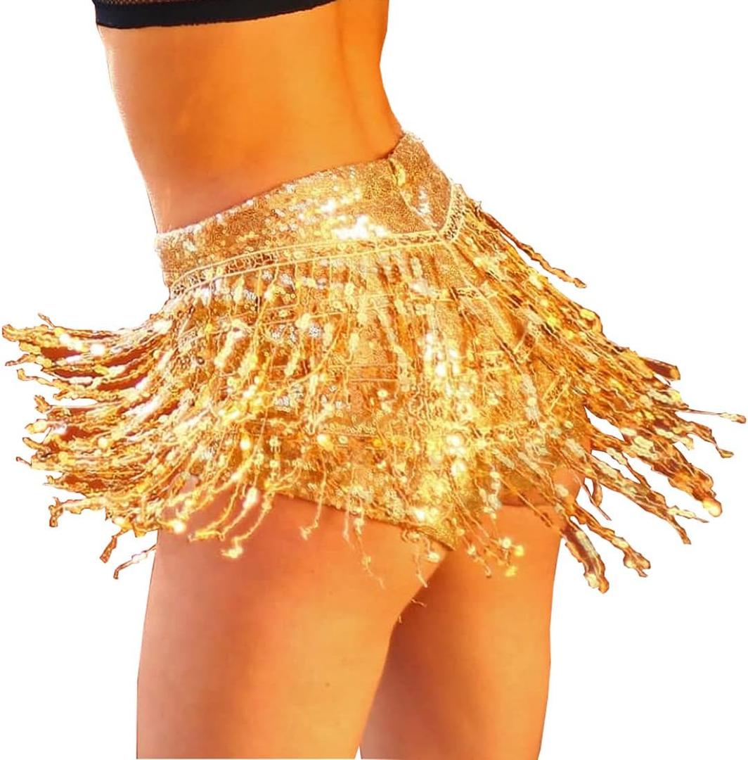 Women's Sequins Tassel Skirts Shorts Booty Dance Festival Bottoms, Small