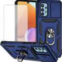 for Galaxy A32 4G Case, Samsung A32 4G SM-A325F Case with Tempered Glass Screen Protector and Slide Camera Cover, Magnetic Ring Car Mount Holder Kickstand Cover for Samsung Galaxy A32 4G Blue