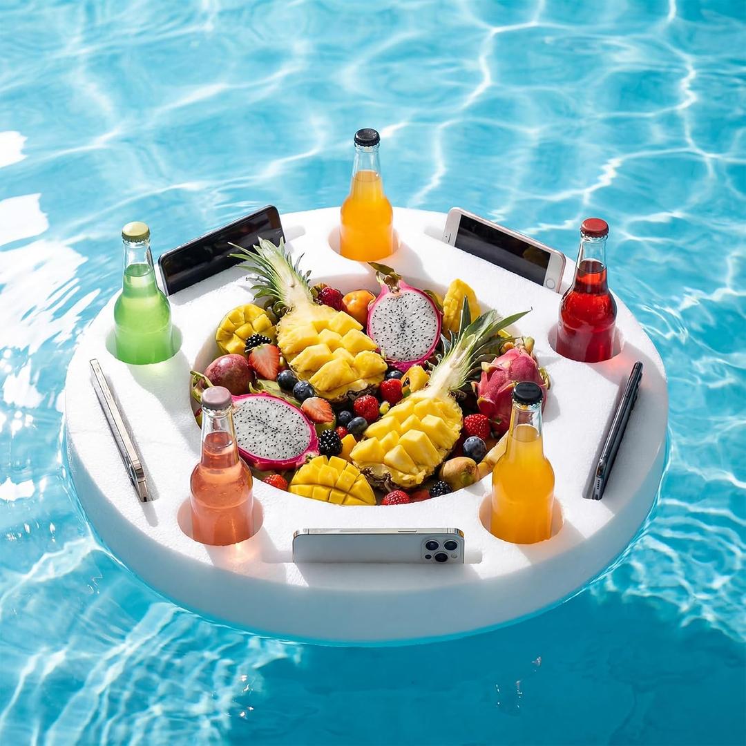 Qinyoung Large Floating Drink Holder, White Floating Refreshment Table Tray Compartment, Portable Pool Tray for Swimming Pool Accessories Hot Tub Beach and Party Decor (Round Five Hole)