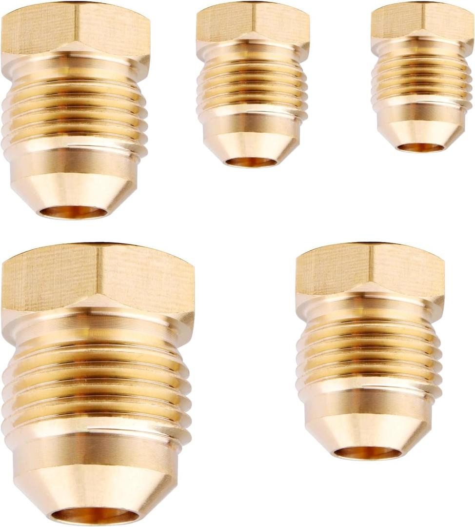 Brass Flared Plug Flare Tube Fitting SAE 45 Degree Hex Pipe Seal Plug Assortment Kits,1/4" 5/16" 3/8" 1/2" 5/8" Tube OD(5pack)