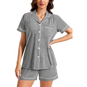 SWOMOG Womens Pajama Set Short Sleeve 2 Piece Soft Sleepwear Y2K PJ Lounge Button Down Cute Printed Comfy Loungewear (Medium, Grey)