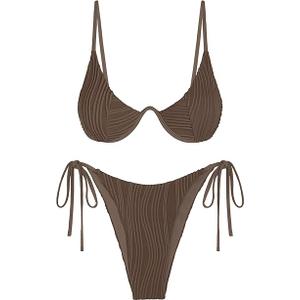 ZAFUL Women's Bikini Sets Ribbed Two Piece Swimsuits Underwire Adjustable Back Clasp Bathing Suit Side Tie Thong Swimwear, (Deep Coffee, Medium)