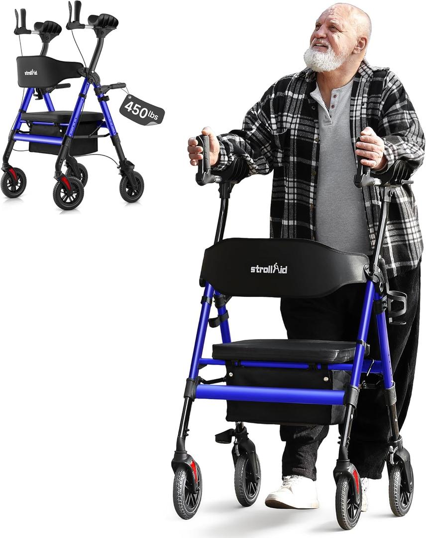 Upright Walkers for Seniors, 450 lb Heavy Duty Stand Up Rollator Walker with Adjustable Soft Sponge Armsupport & Seat, Tall Standing Folding Rolling Walker with 8'' Wheel, Blue