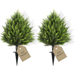 HMASYO 30" Artificial Cedar Topiary Ball Trees with Ground Spike, Set of 2 UV Resistant Artificial Shrubs, Faux Evergreen Plant Fake Bushes for Indoor Outdoor Front Porch Garden Decor, Larger Size