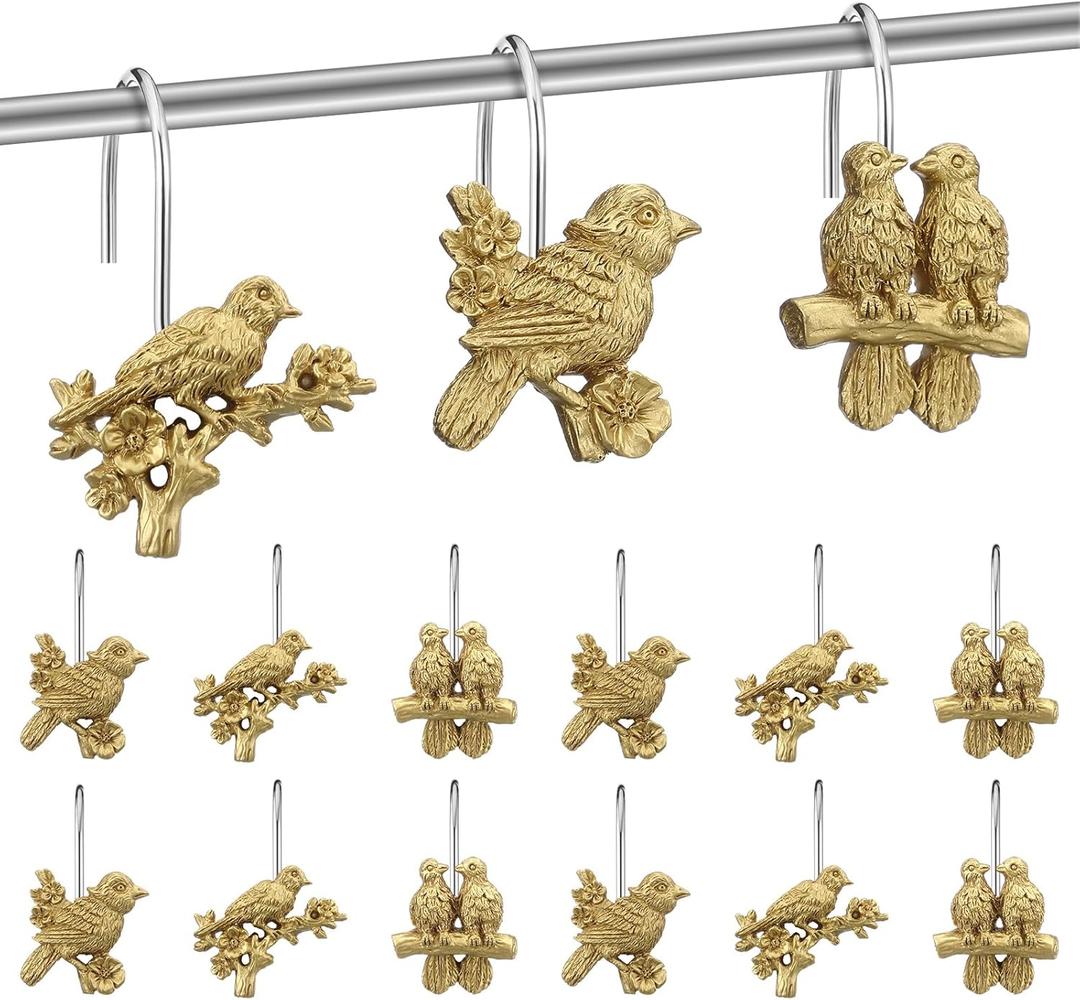 Amyhill 12 Pcs Bird Shower Curtain Hooks Antique Gold Birds Animal Decorative Hooks Rings Bulk Cute Hanger Stainless Steel Resin Nature Spring Themed Curtain Rings for Bathroom Bedroom Home Decor