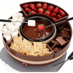 Cheese & Chocolate Fondue Machine, Candy Melting Pot for Party, Electric Fondue Pot Set, Chocolate Warmer, Hot Chocolate Maker, 4-Section Food Tray, Brown