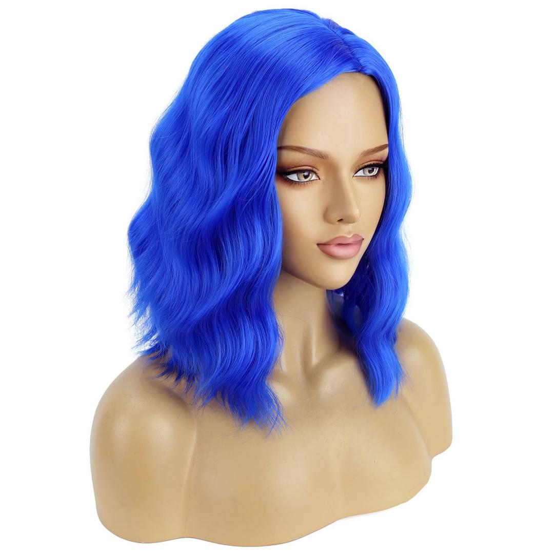 BERON 14 Inches Royal Blue Wig Short Curly Wig Dark Blue Bob Wigs Women Beach Wave Wigs for Cosplay Costume Party Hairnet Included
