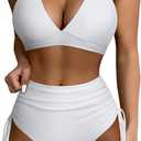 SUUKSESS Women Ribbed High Waist Bikini Sexy Drawstring Tummy Control Swimsuits (Medium, White)