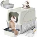 Stainless Steel Litter Box, XXL Large Metal Covered Litter Boxes, Dual Entrance Detachable Cat Litter Box with Lid, 16.6'' High Wall Urine Leak Prevention with Cat Litter Scoop (White)