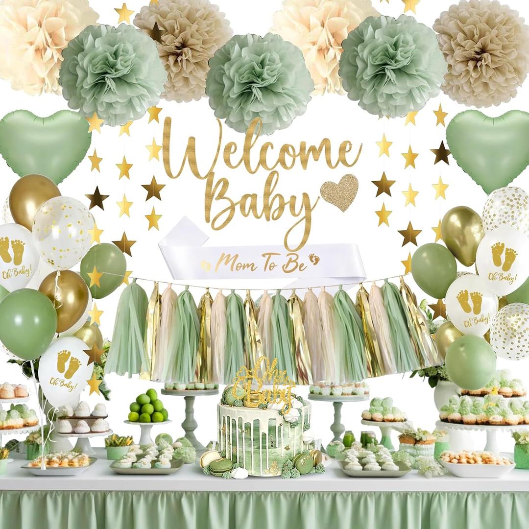 Baby Shower Decorations - Sage Green Balloons Welcome Baby Banner, Cake Topper, Paper PomPoms, Tassels, Star Banner Decor for Baby Shower Decorations Neutral Gender Reveal Party Supplies