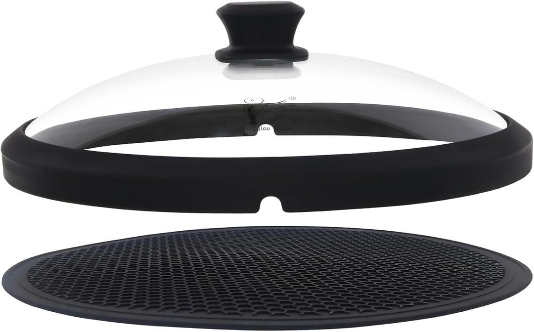 Glass Microwave Cover for Food 10.5 Inch Microwave Splatter Cover With Easy Grip Meteorite Shape Handle Microwave Cover Glass Guard Lid Vented Edge Plate Cover for Heating Food (Black)