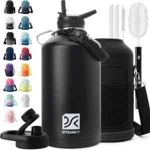 1 Gallon Water Bottle Insulated | Thickened Stainless Steel Vacuum Metal Water Jug | Portable Sports Large for Gym and Hiking with Straw, Carrier Bag, Handle Strap | BPA-Free 128 oz (Advanced Black)