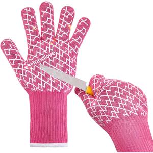 HandLove Kitchen Flame Retardant Non-Slip BBQ Fire Gloves Microwave Oven Gloves | Silicone Grip, Long Cuff Mitts - Kitchen & Outdoor Barbecue, Cooking, Baking, Pink, S/M
